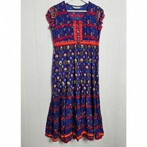 Biba Blue and Red Patterned Midi Dress